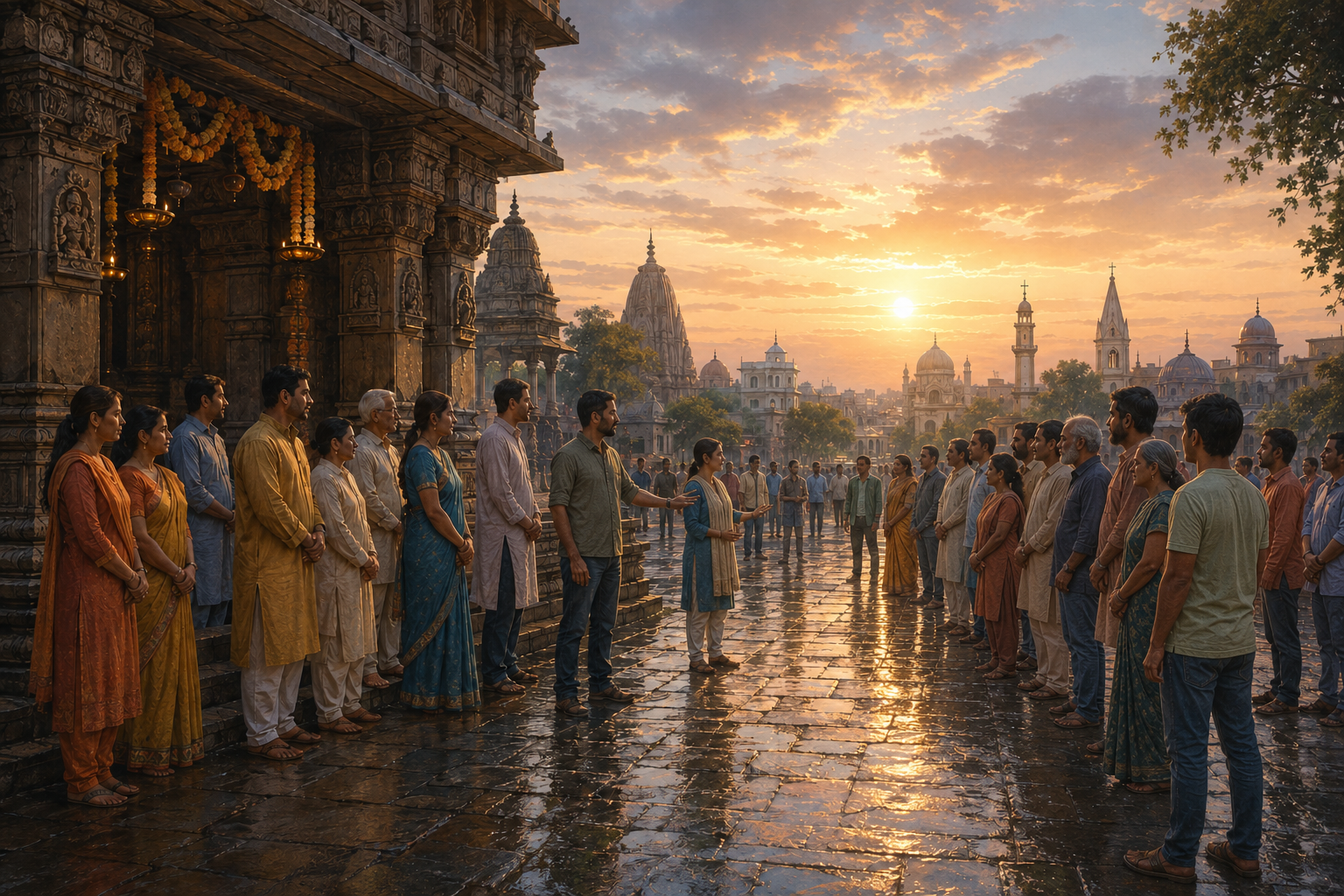 Citizens stand calmly beside a lamp-lit Hindu temple while civic volunteers maintain a peaceful passage between neighborhood groups at sunrise.