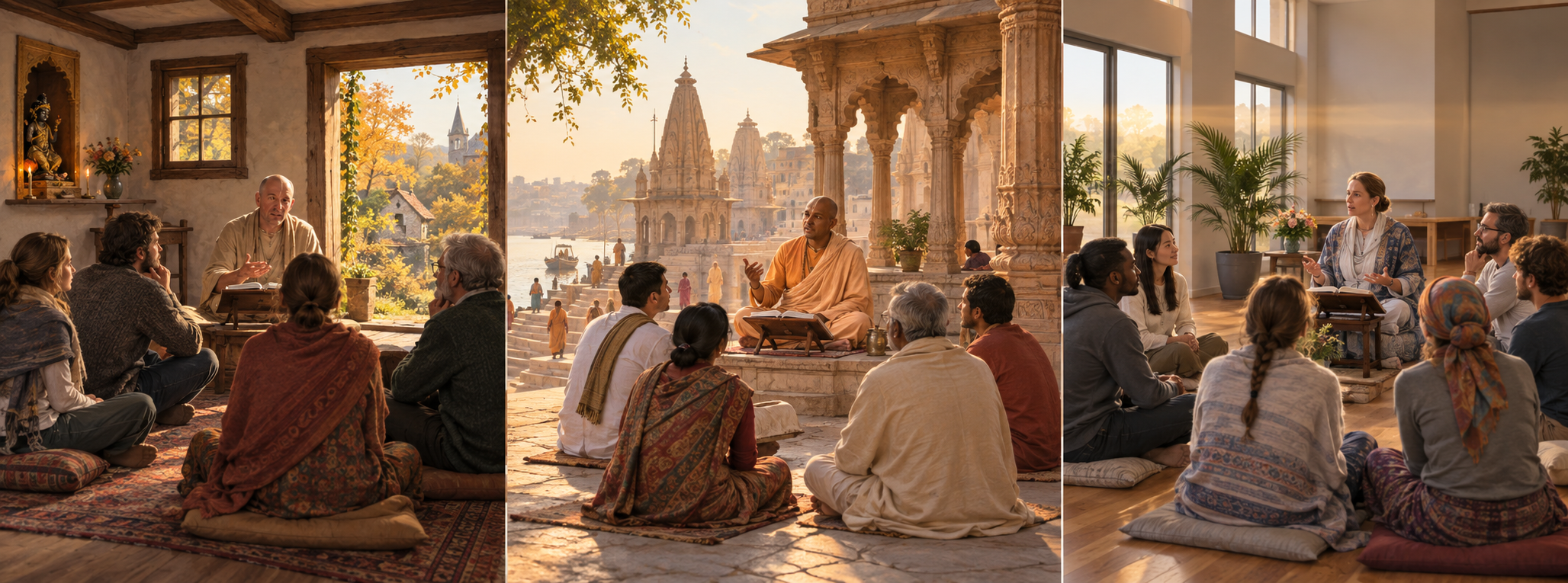 Three distinct congregations hear scripture teachings in a rural European temple, a North Indian courtyard, and a contemporary community hall.