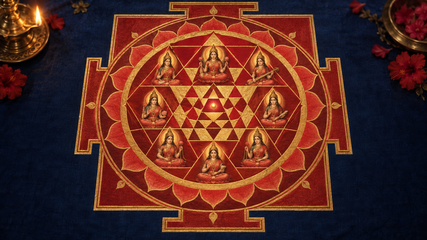 Eight luminous feminine figures sit in the inner triangular circuit of a red-and-gold Sri Chakra around its radiant central point.