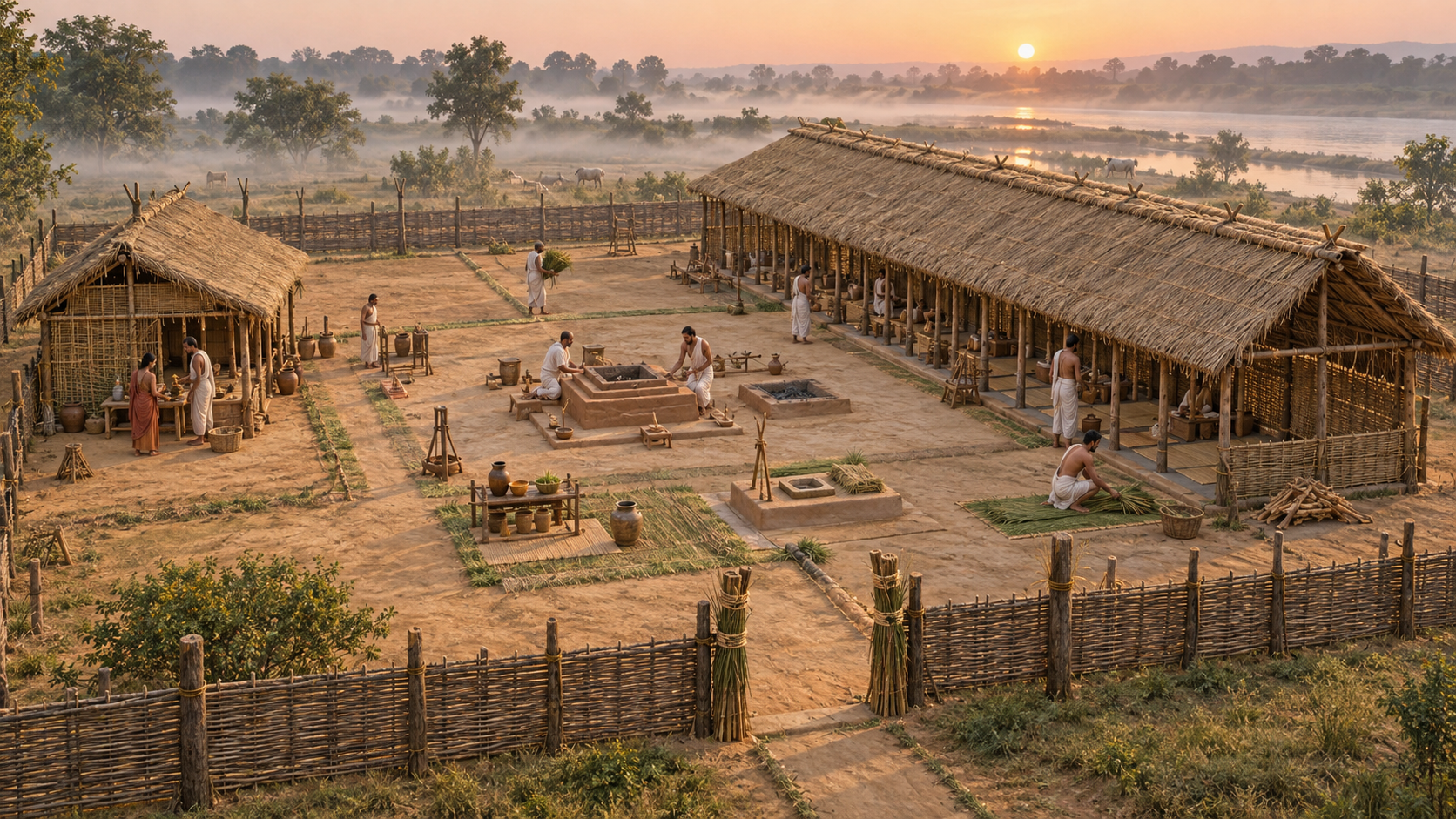 Oblique reconstruction of a Vedic sacrificial ground with a long thatched working hall, a smaller adjacent shelter, prepared hearths, ritual implements, priests, the yajamana, and his wife.