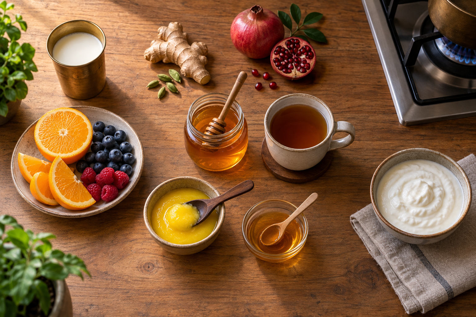 Overhead kitchen still life with milk separated from acidic fruit, honey beside cooling tea, different portions of honey and ghee, and a bowl of plain curd.