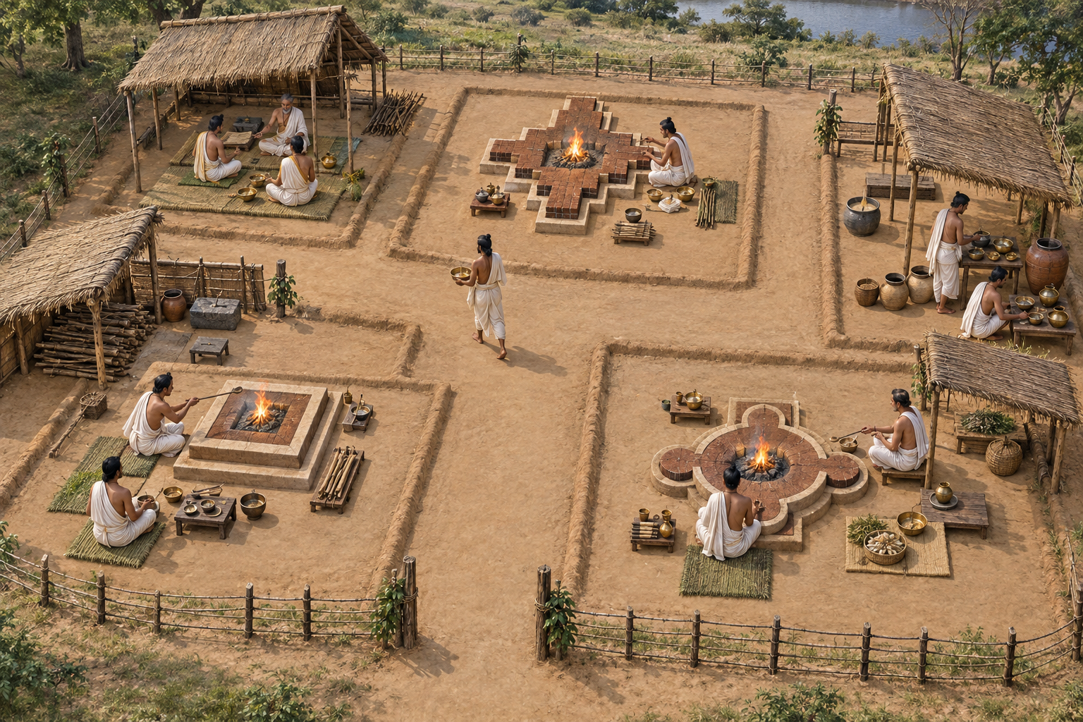 Overhead architectural view of a Vedic sacrificial ground divided into connected work zones with hearths, temporary shelters, ritual objects, officiants, and walking paths.