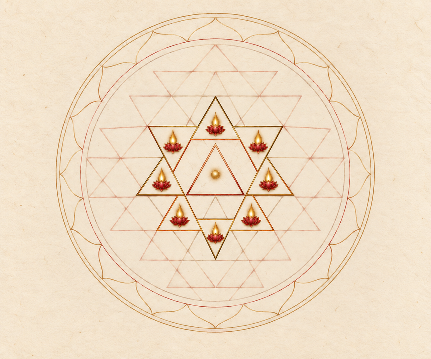 A top-down Sri Chakra detail highlights eight inner triangles with eight small ruby-gold lotus flames surrounding the innermost triangle and central point.