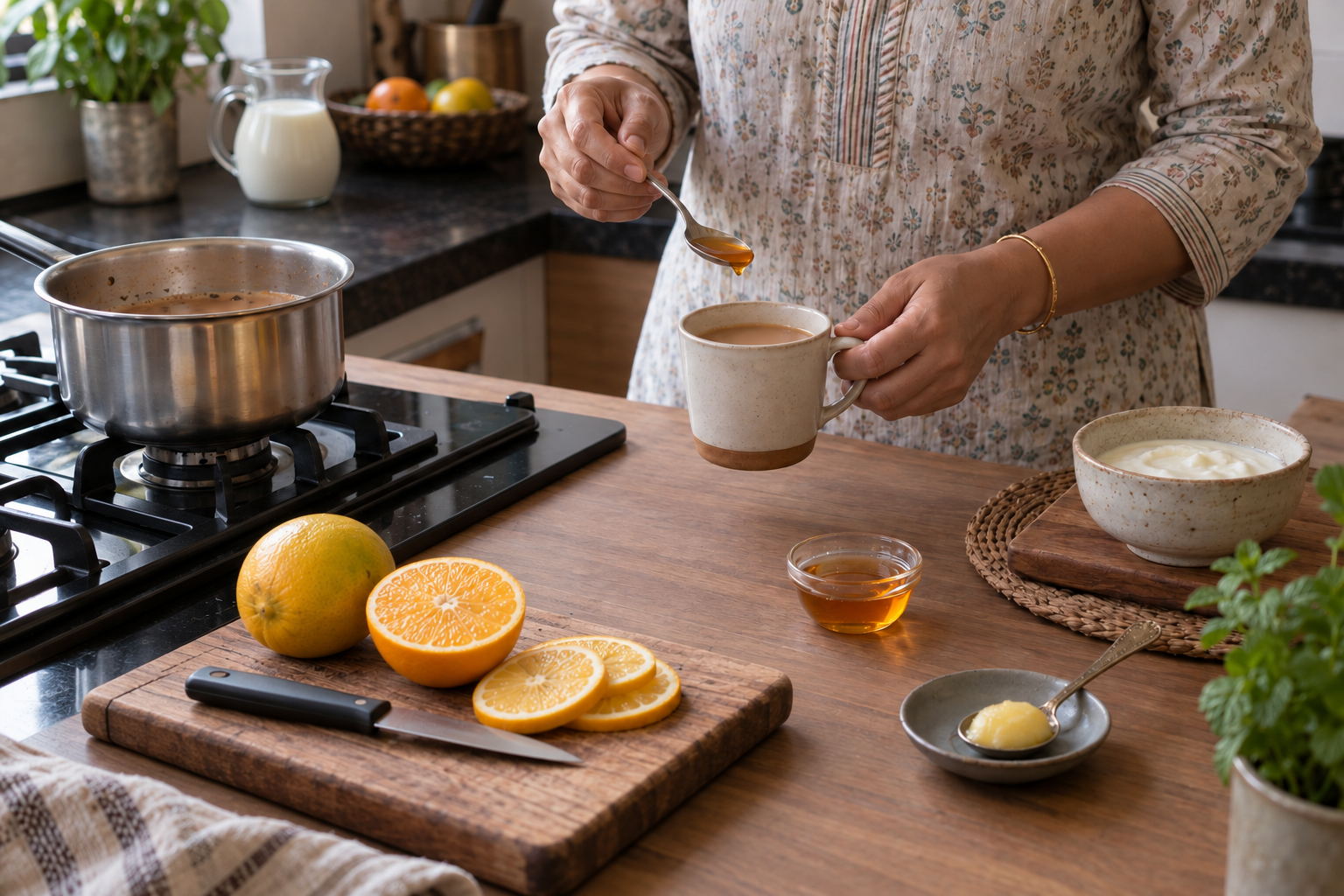 A cook waits for tea to cool before adding honey, while milk and citrus remain separate and curd sits away from the stove.