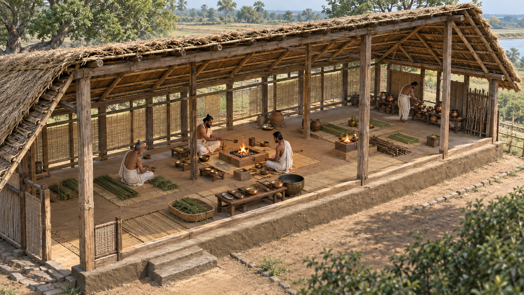 Cutaway view of a long thatched Pracinavamsha with priests and a yajamana working at organized hearth and utensil stations on a packed-earth floor.