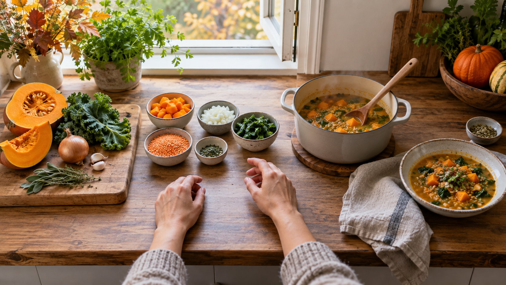 A kitchen counter progresses from separate ingredients to measured portions, cooking, and a finished meal as a cook pauses to check the preparation.
