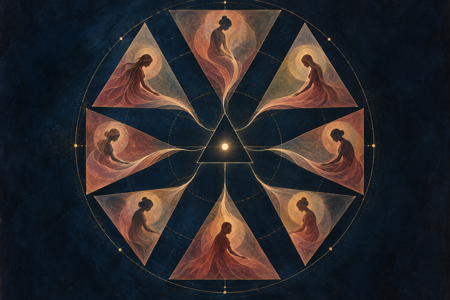 Eight feminine silhouettes send fine luminous ribbons inward through triangular fields toward a bright central point.
