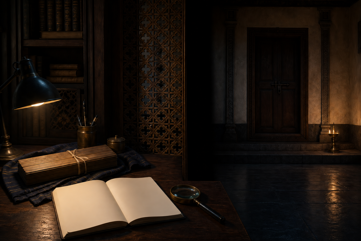 A wooden lattice separates a manuscript study desk from a closed, lamp-lit sanctum doorway.