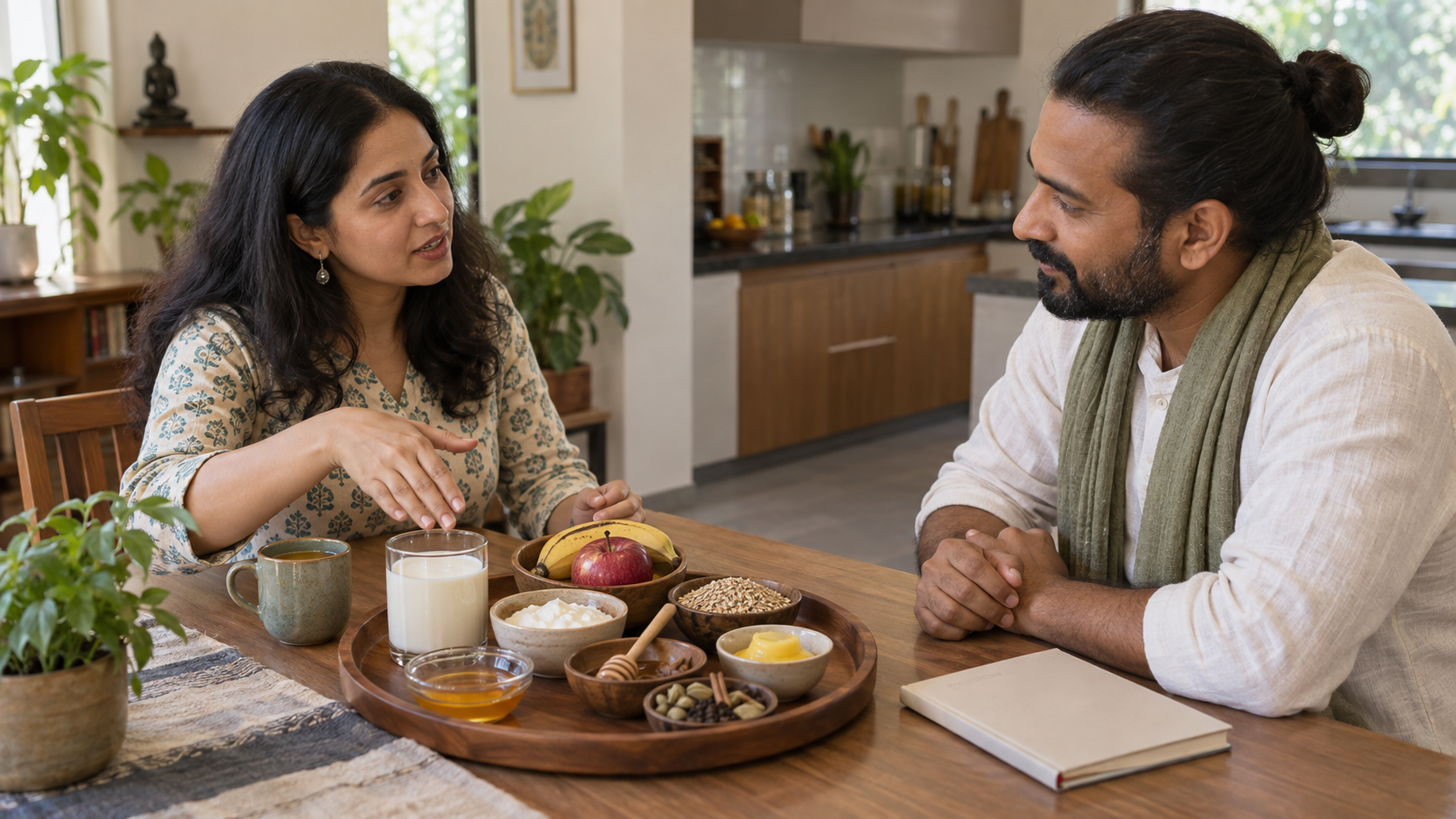 An Ayurvedic practitioner and an adult client discuss a tray of separate foods during a calm, individualized consultation.