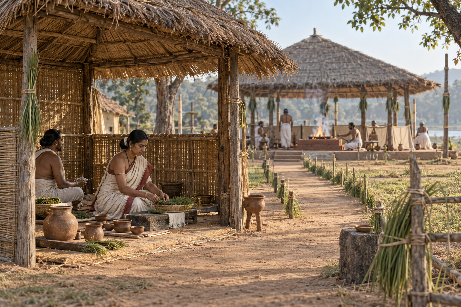 The yajamana's wife occupies a defined ritual station inside a small thatched Patnishala connected by a path to the larger working hall.