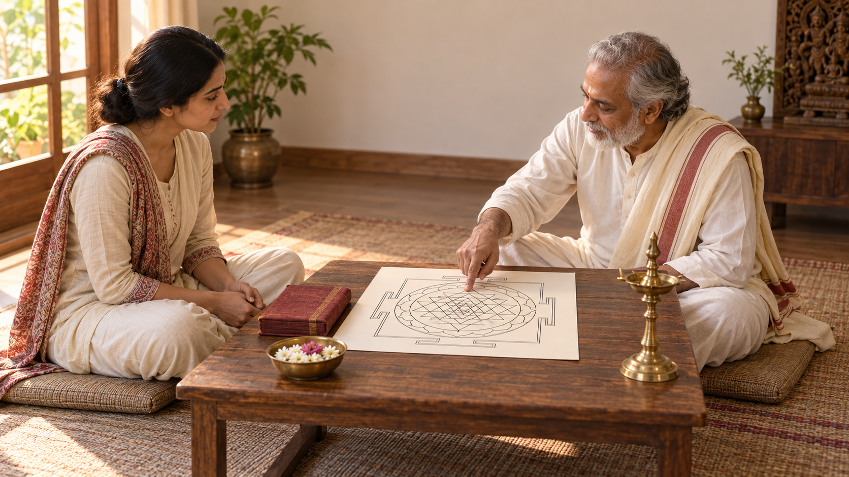 An adult teacher points to the centre of a Sri Chakra drawing while an adult student listens in a quiet study space.