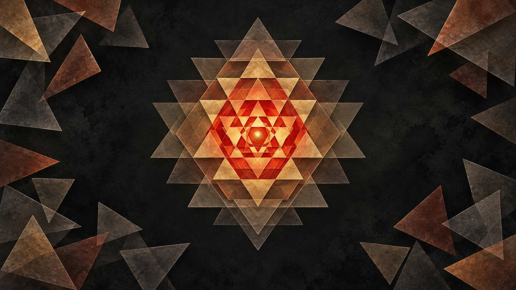 Misaligned translucent triangles at the edges come into alignment as a complete illuminated Sri Chakra around a central point.