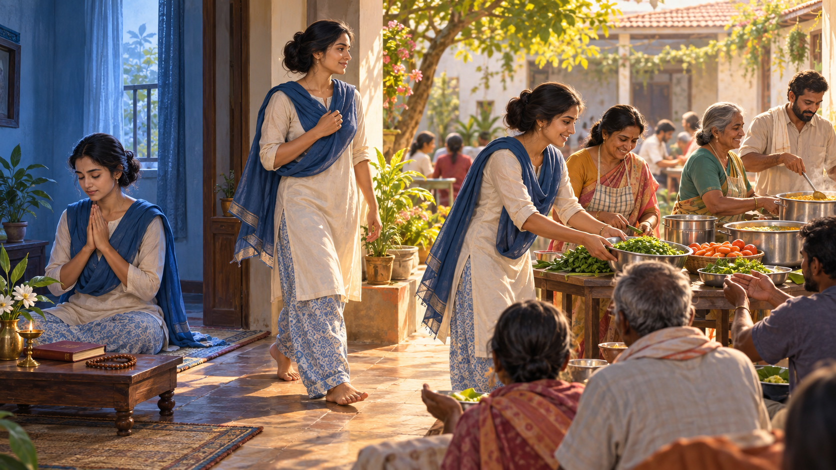 A devotee leaves a morning prayer corner with a closed scripture and prayer beads to help prepare and serve a communal meal in a sunlit courtyard.