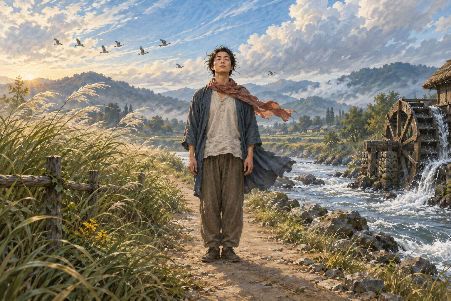 A still figure stands beside a flowing river while wind bends grasses, birds fly, clouds move, and a wooden waterwheel turns.