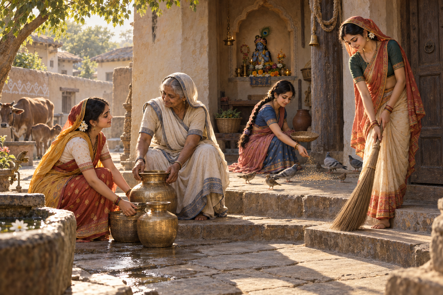 Three gopis perform ordinary acts of service in a village courtyard near a small flower-decorated Krishna shrine.