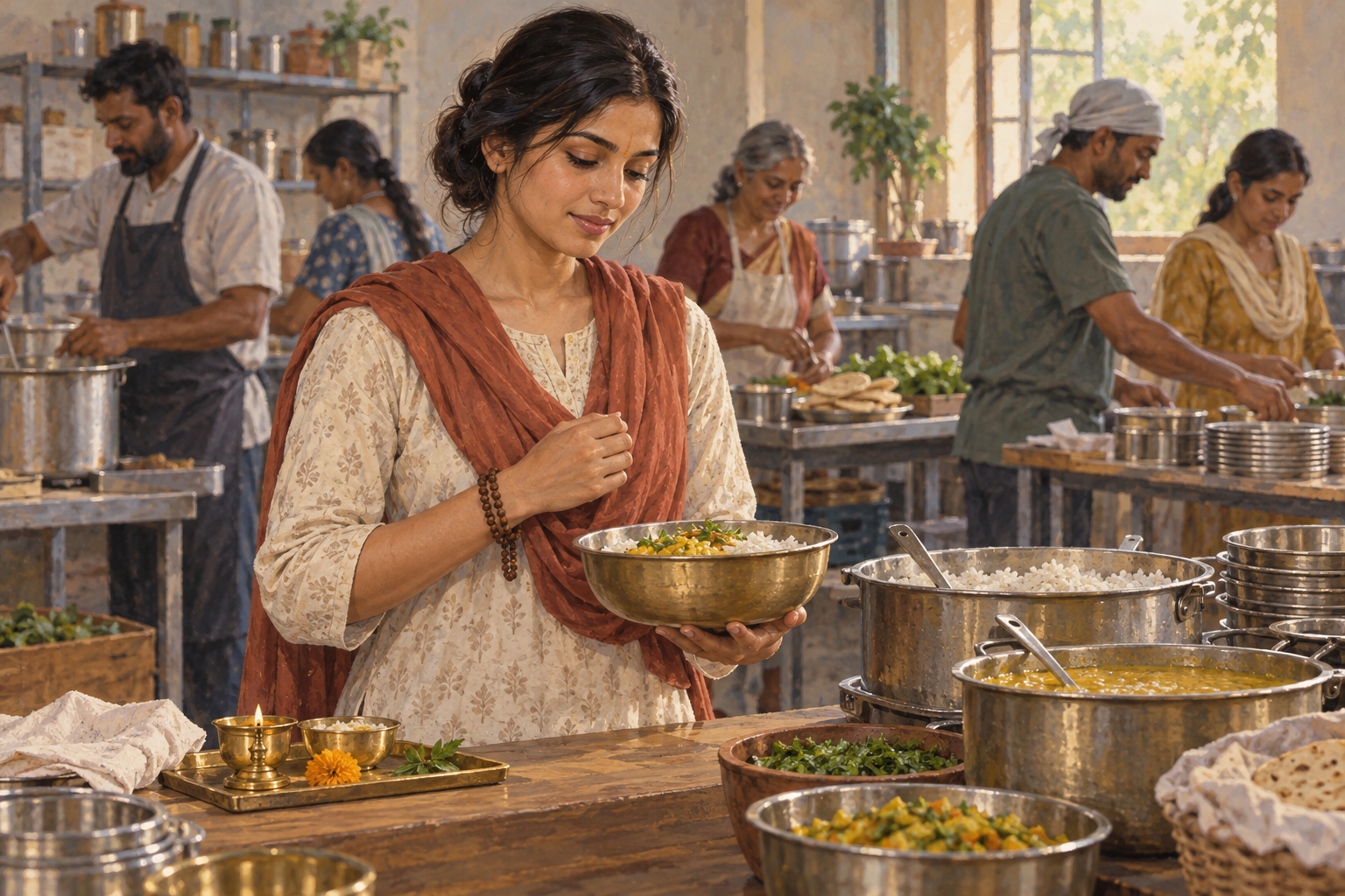 A volunteer wearing wooden prayer beads pauses with a bowl in a community kitchen while other volunteers prepare and serve food.