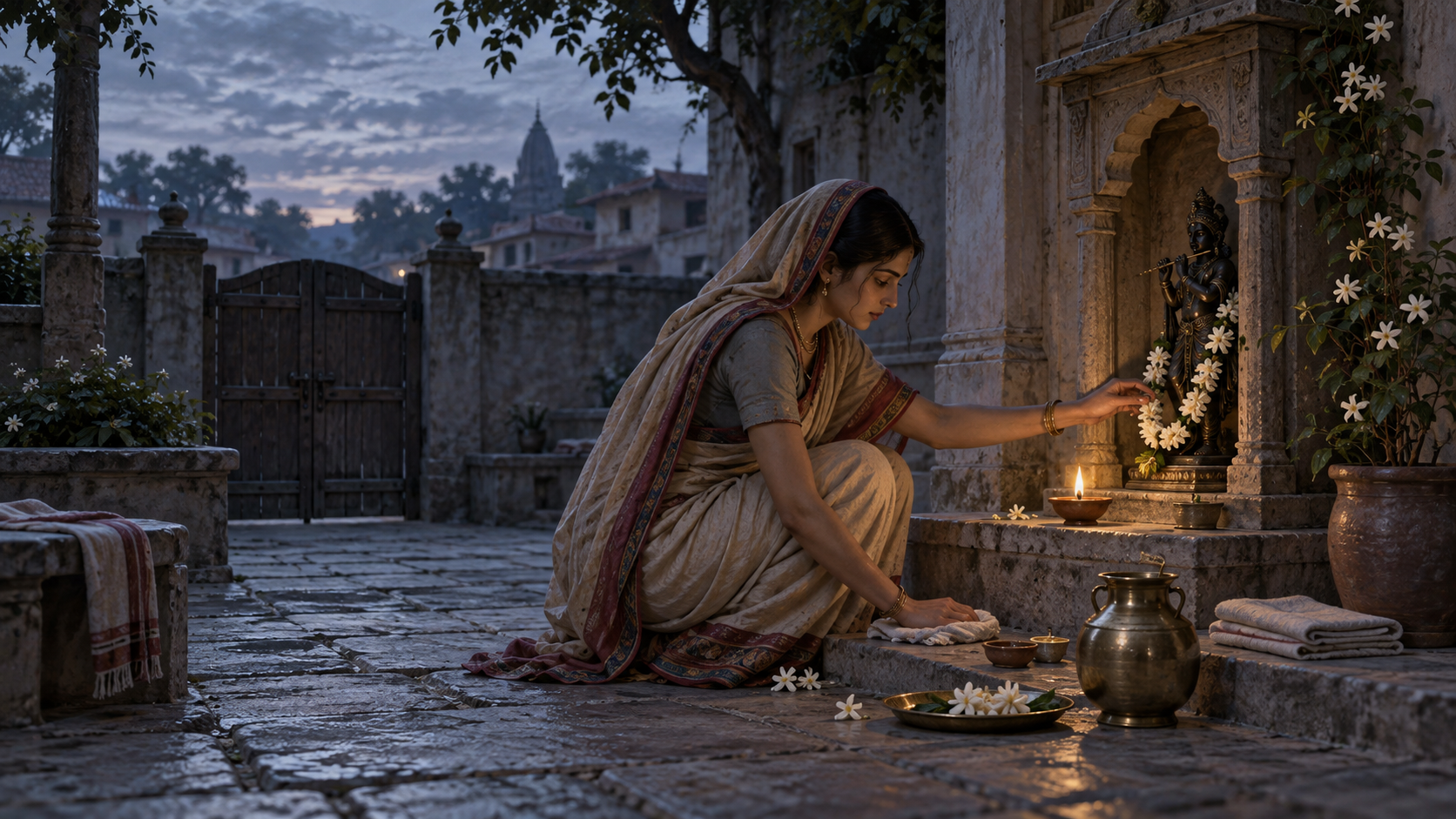A gopi cleans a quiet worship space and lights a clay lamp before a small Krishna shrine in the predawn darkness.