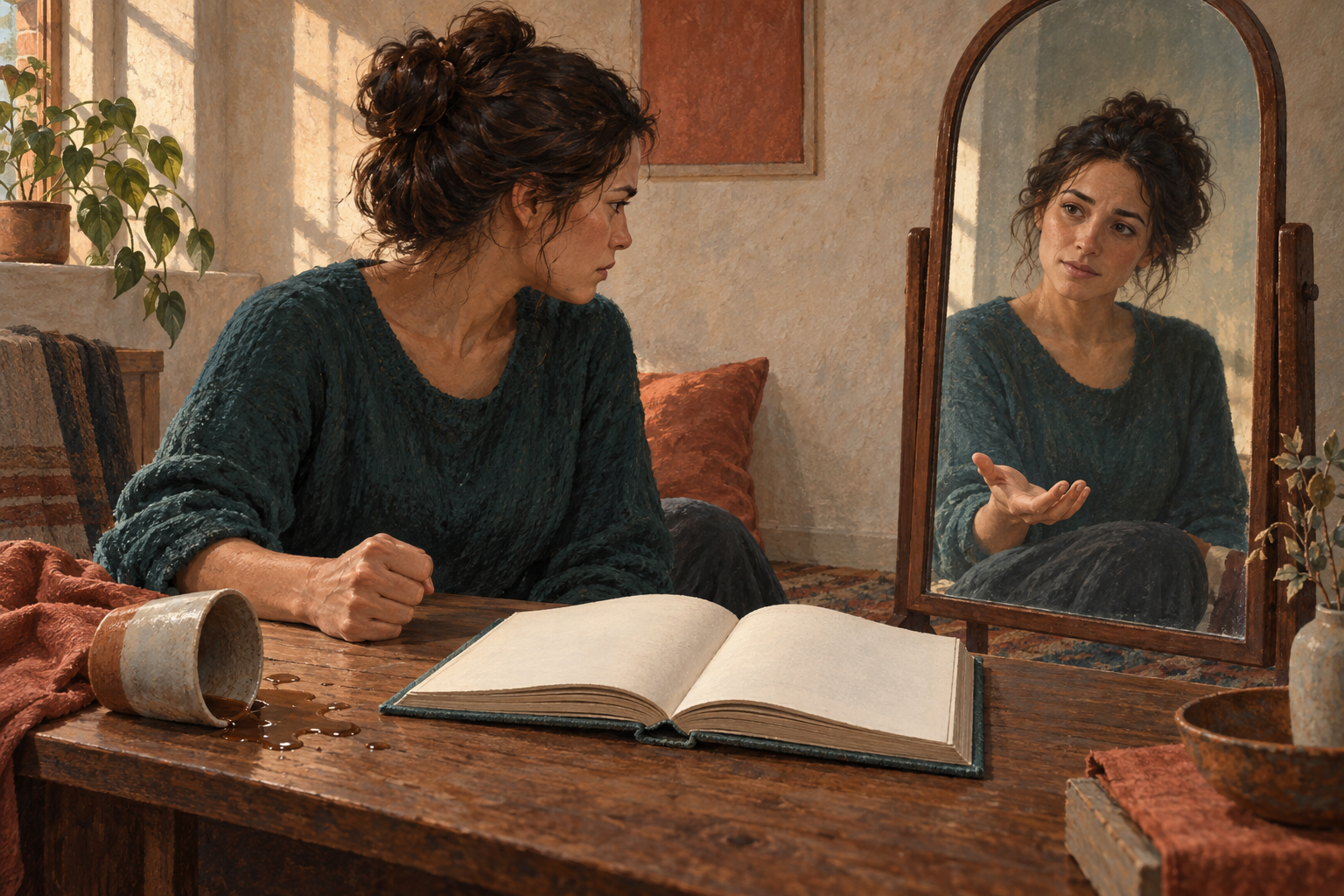 A reader beside an open scripture looks into a mirror, with an overturned cup and tense hand outside the reflection and a calm, open hand within it.
