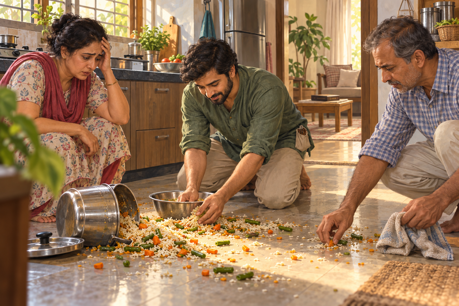 A person calmly kneels to help clean spilled food in a tense family kitchen while two others begin to cooperate.