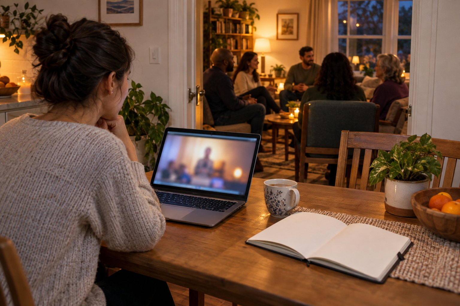 A person watches a spiritual talk on a laptop while a small discussion circle meets in the adjoining room.