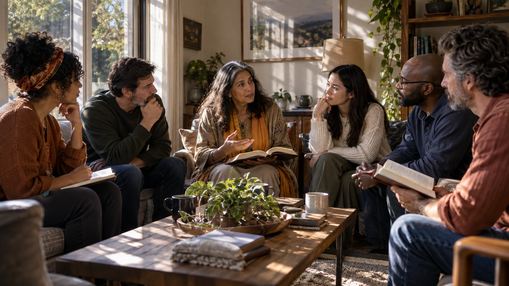 A small group sits in a circle with an open sacred book during a thoughtful home discussion.