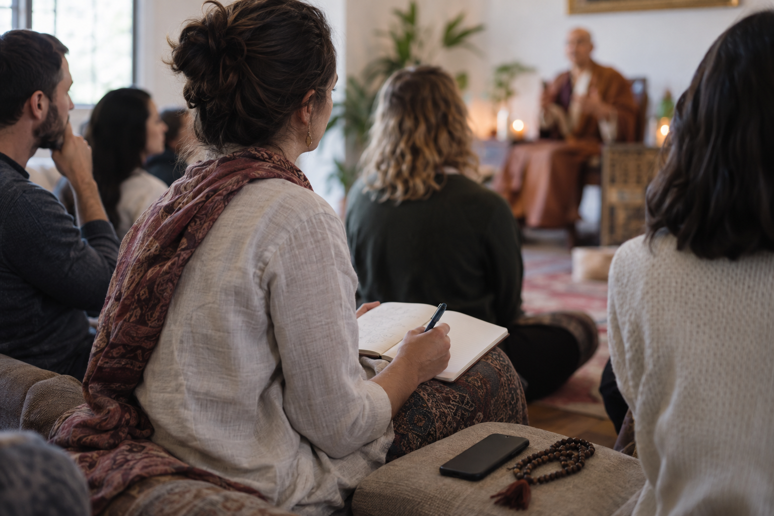An attentive listener takes notes during a devotional talk while a phone rests face down nearby.