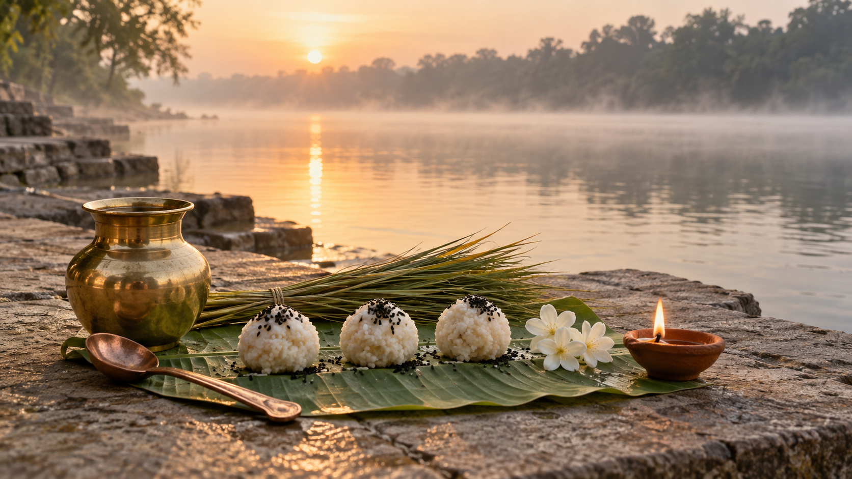 Rice pindas, black sesame, kusha grass, a brass water vessel and a lit clay lamp arranged beside a calm river at sunrise.