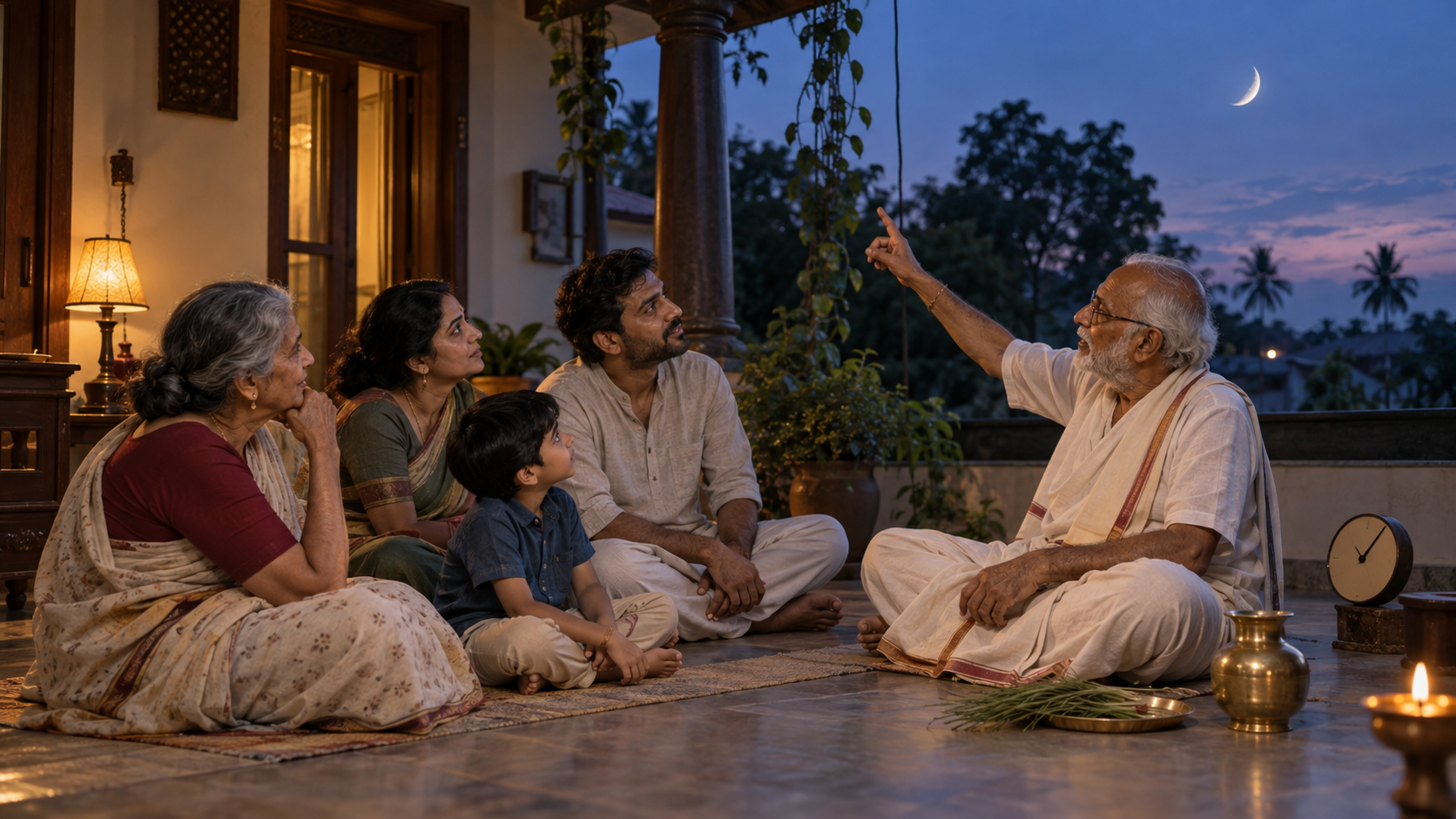 An Indian family and an elderly priest observe the waning moon from a veranda while discussing ritual timing beside prepared offerings.