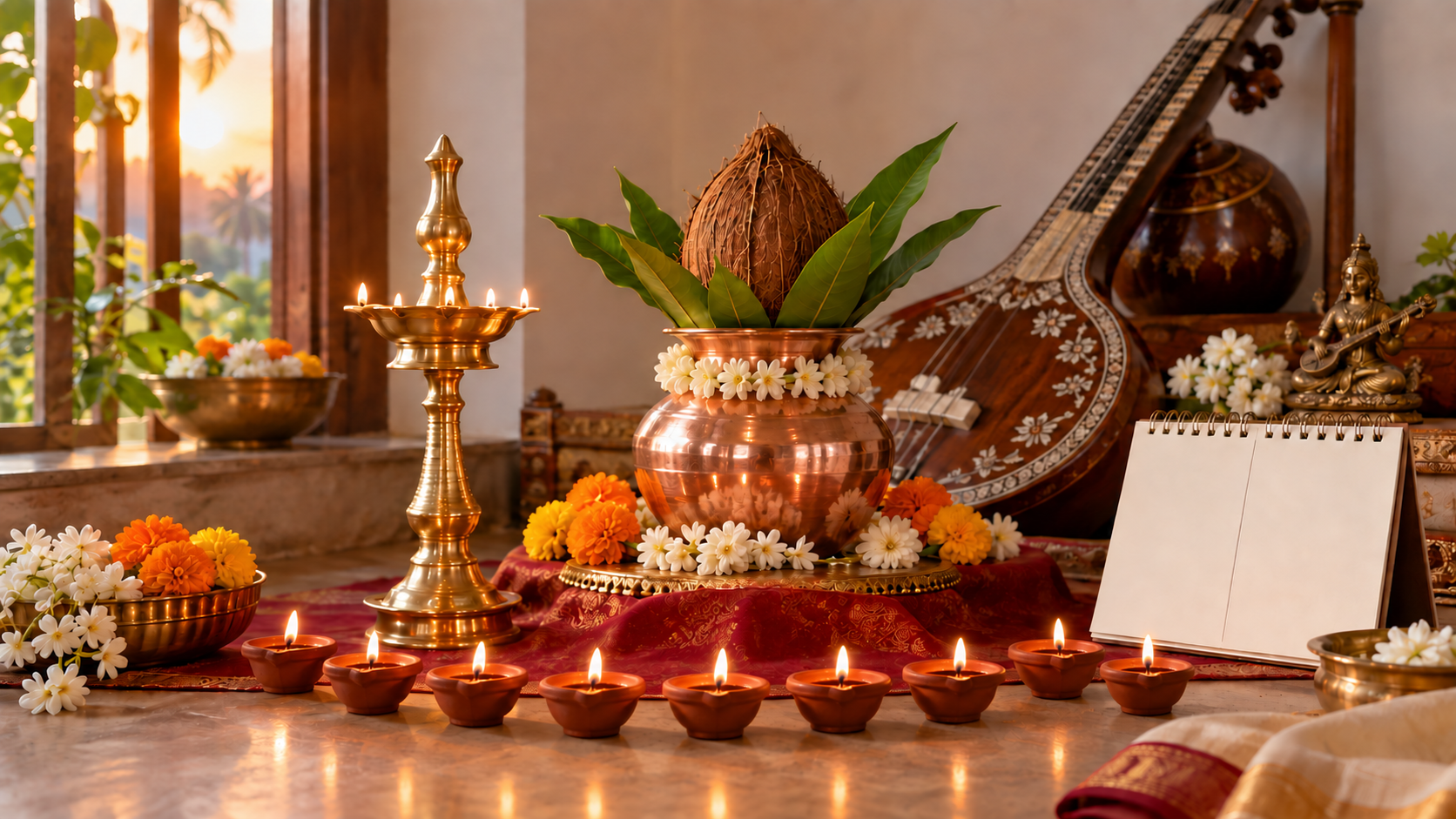 Nine clay lamps, flowers, a copper kalasha, and devotional objects arranged beside a blank desk calendar in a household puja space.
