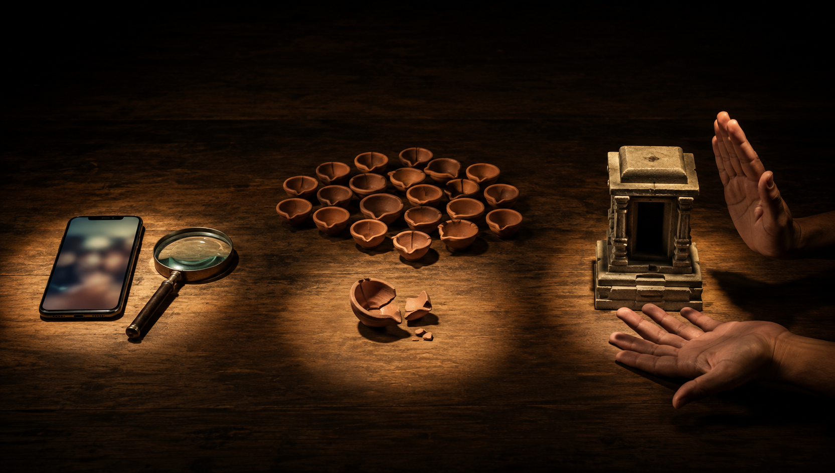 Three pools of light show a phone and magnifying glass, one broken lamp apart from many intact lamps, and hands protecting a small temple doorway without aggression.
