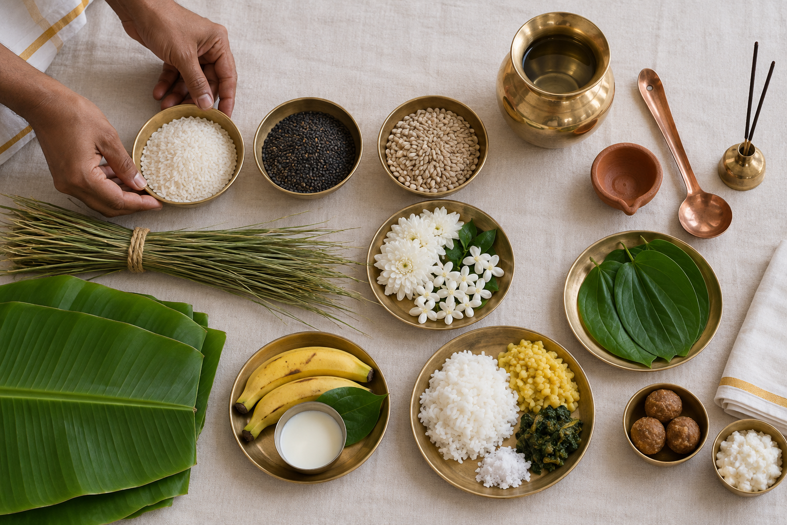 Hands arrange rice, black sesame, kusha grass, brass vessels, a clay lamp, flowers and banana leaves for a Shraddha ritual.