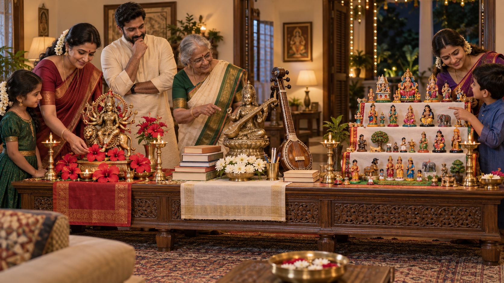 A family considers three household Navaratri arrangements featuring Durga worship, Saraswati symbols, and a tiered display of festival dolls.