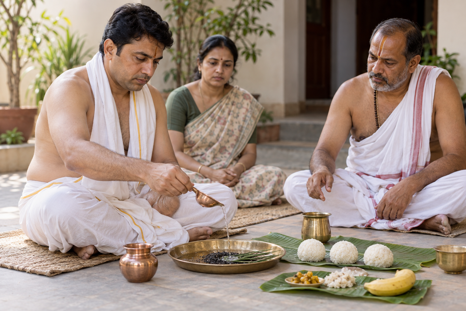 A householder pours a water and sesame offering under a priest's guidance during a quiet courtyard Shraddha observance.
