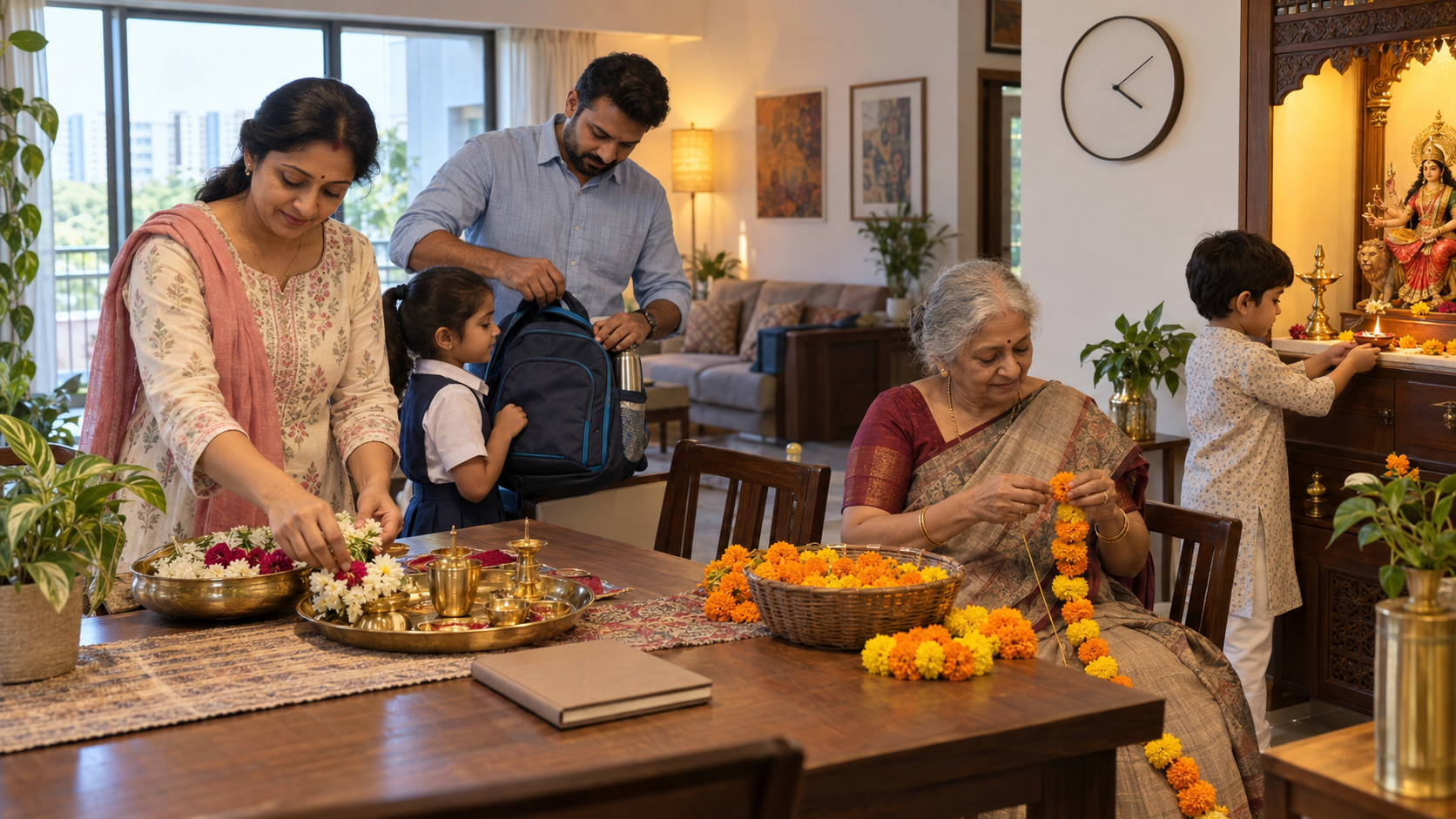 A multigenerational family balances puja preparations with a school bag and other weekday tasks in a lived-in home.