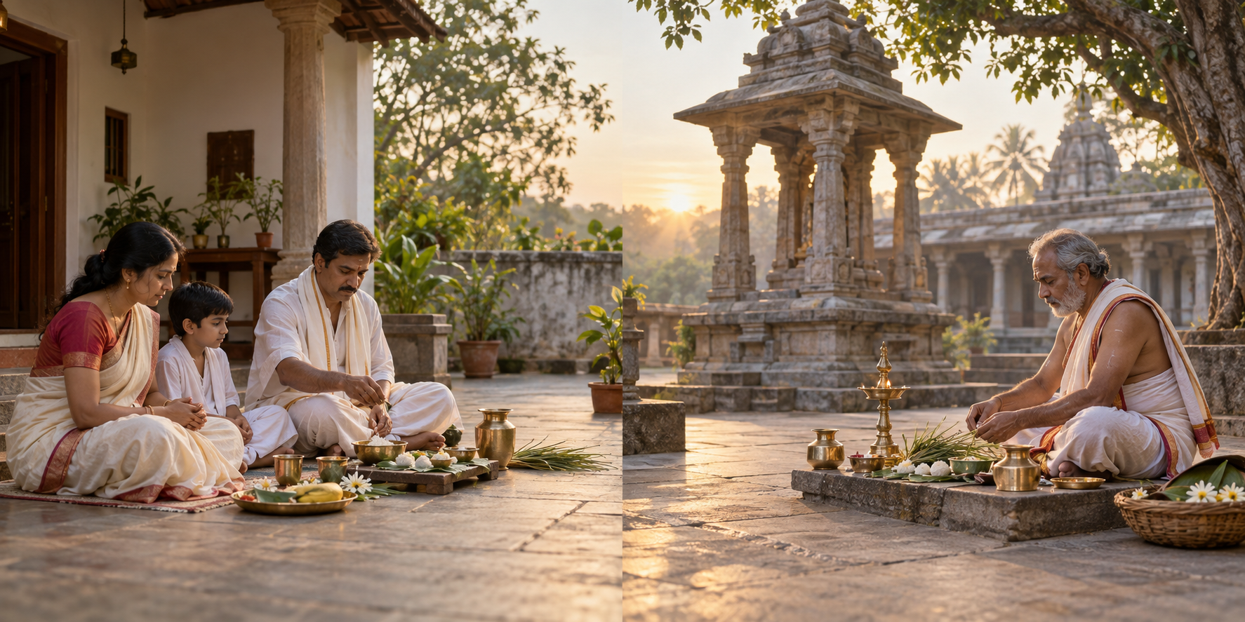 A side-by-side view shows a simple Shraddha setup in a family courtyard and another prepared in a traditional temple courtyard.