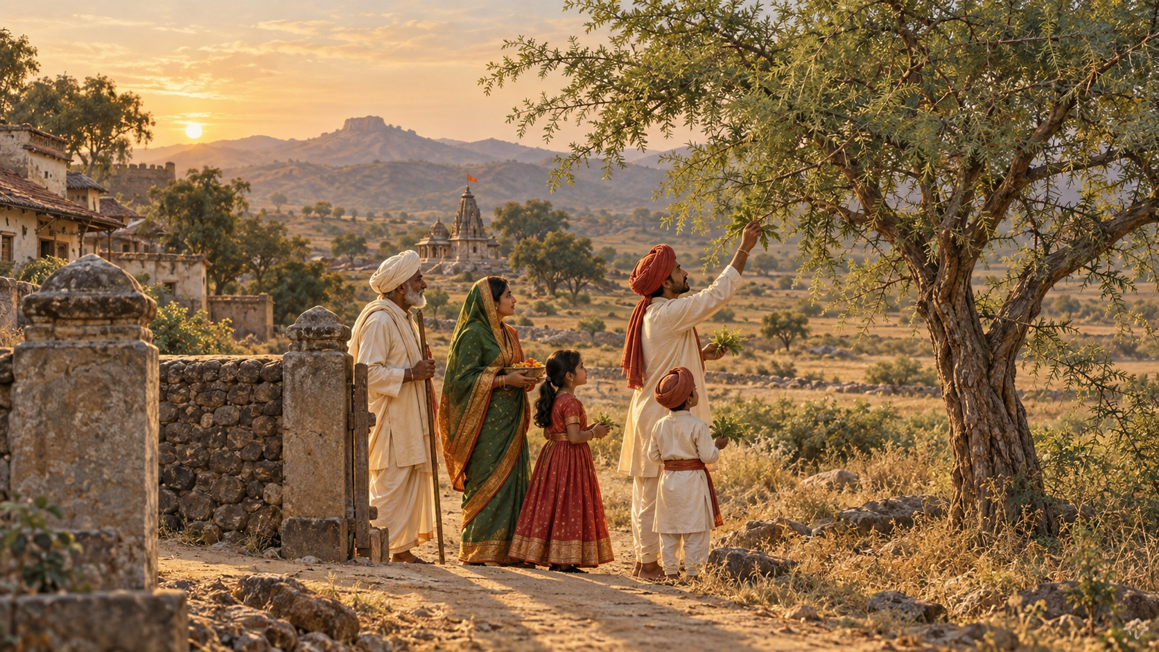 A multigenerational group crosses a rural boundary and respectfully gathers leaves from a shami tree during a Vijayadashami observance.