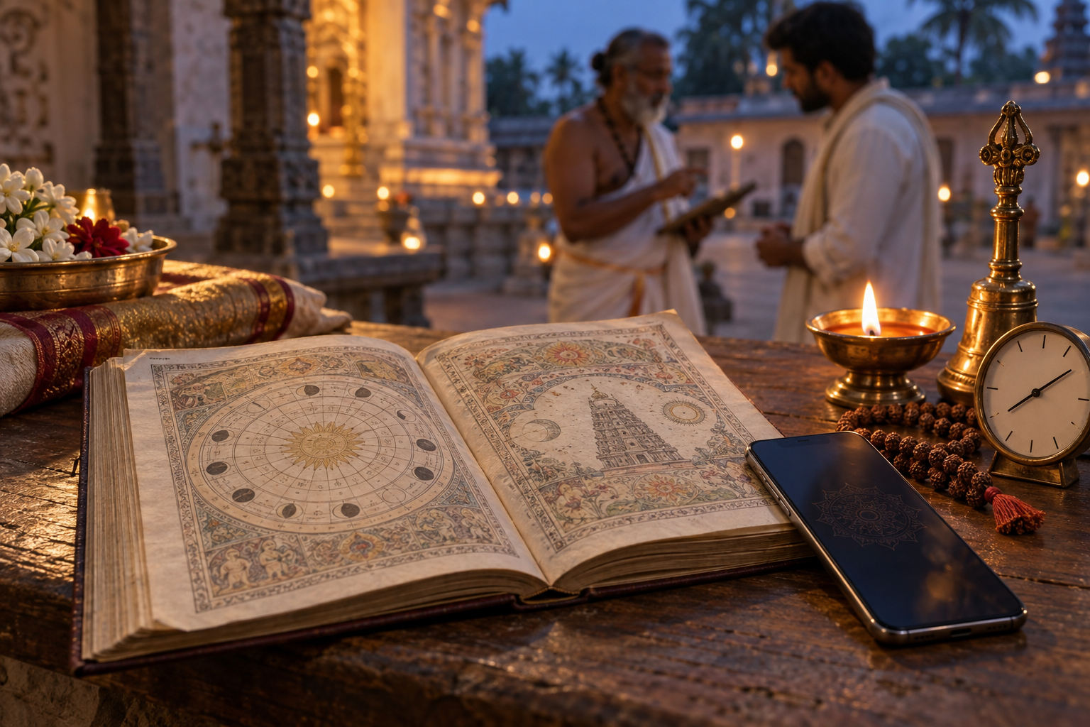 An open almanac, smartphone, clock, prayer beads, bell, and oil lamp rest on a table as two people confer in a temple courtyard.