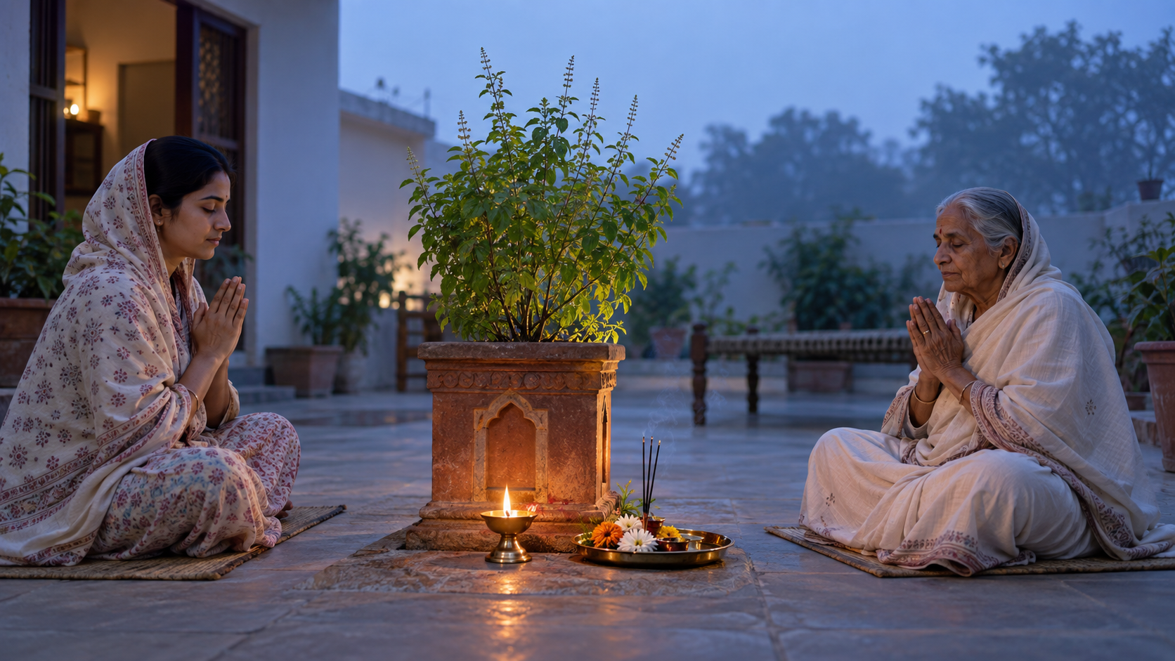 A family observes Kartik at dawn beside a lit brass lamp, a tulsi plant, flowers, and incense in a home courtyard.