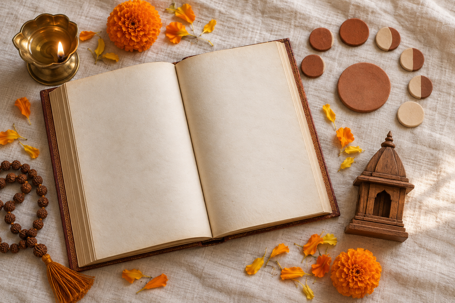A blank traditional almanac rests beside a brass lamp, prayer beads, marigold petals, and plain clay discs on a cotton cloth.