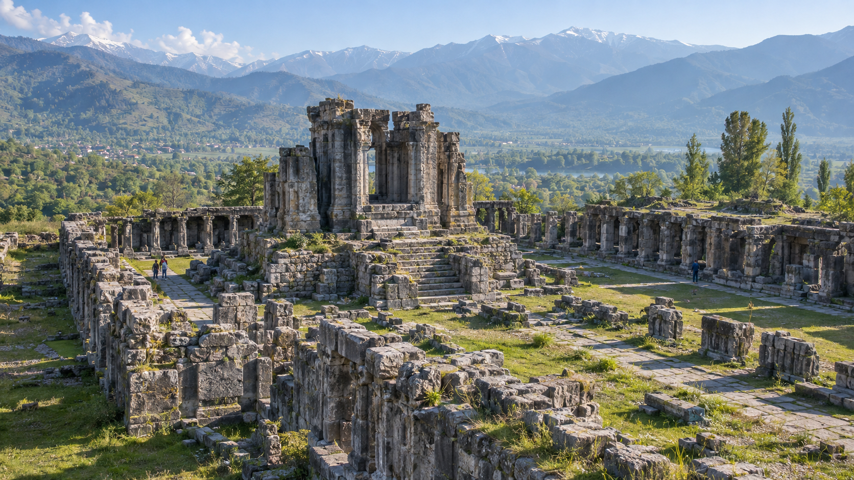 The stone sanctuary and colonnaded courtyard of the Martand Sun Temple ruins overlooking the Kashmir Valley and distant Himalayan mountains.