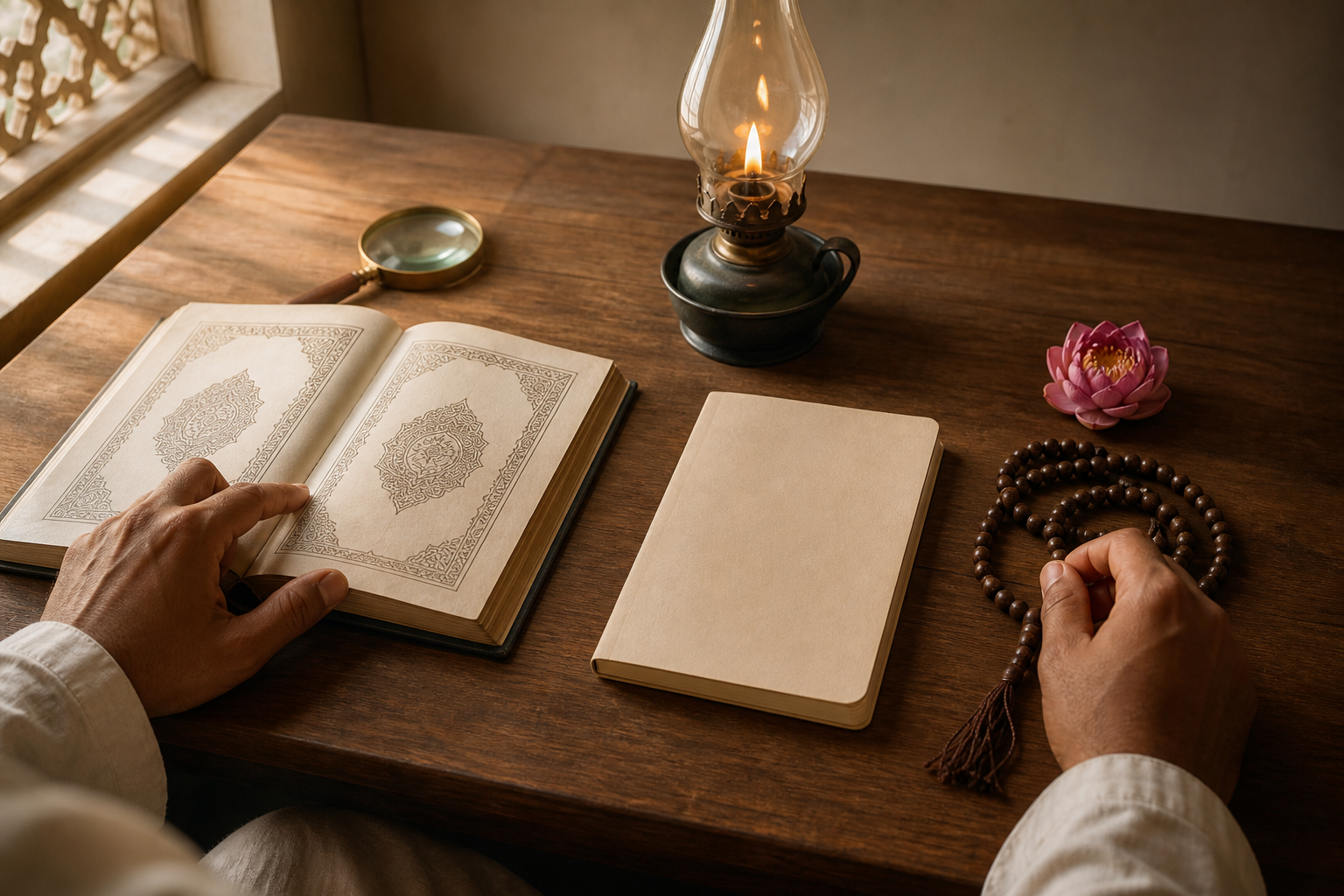An open sacred book, magnifying lens, blank notebook, oil lamp, flower, and prayer beads are arranged on a wooden study desk.