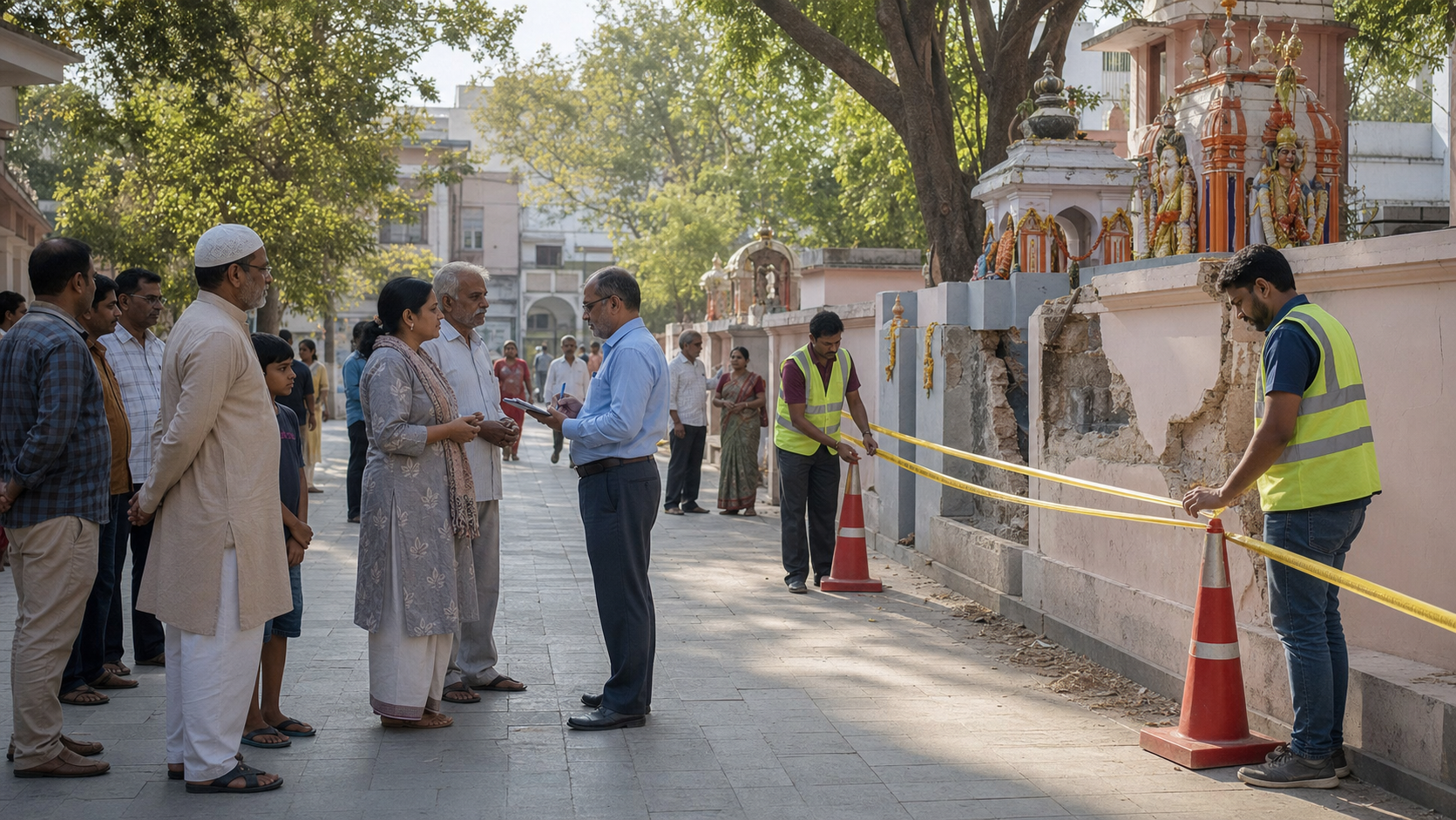 Residents and a municipal official inspect damage to a temple boundary wall while volunteers secure the area and keep a shared public walkway open.