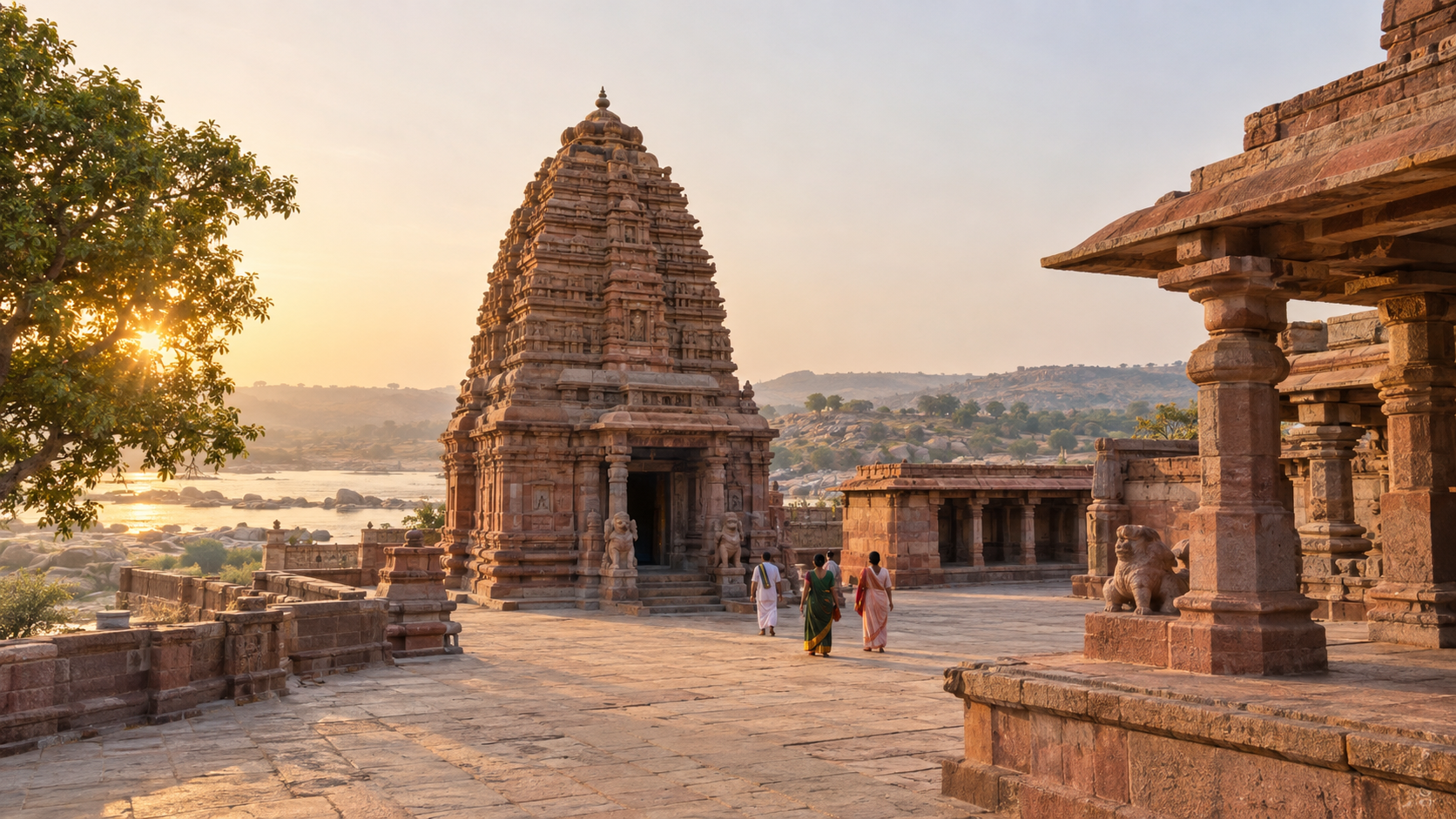 Pilgrims approach the Jogulamba temple precinct at Alampur in warm morning light.