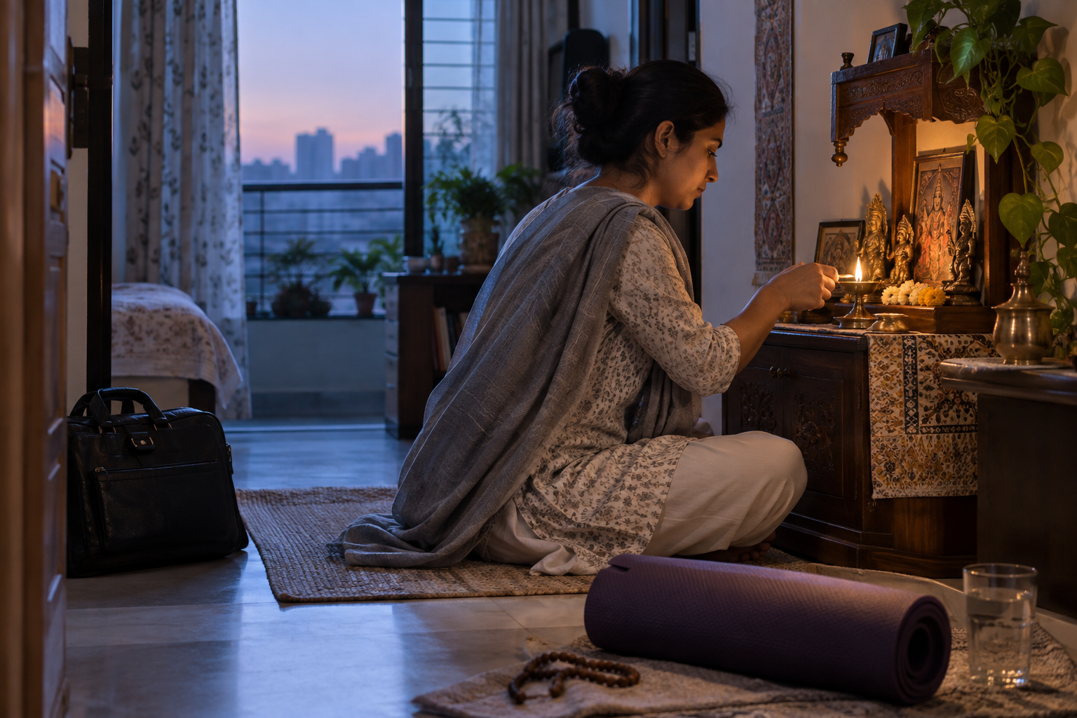 A devotee lights a small brass lamp at a home shrine before work, with prayer beads, water, a yoga mat, and a work bag nearby.