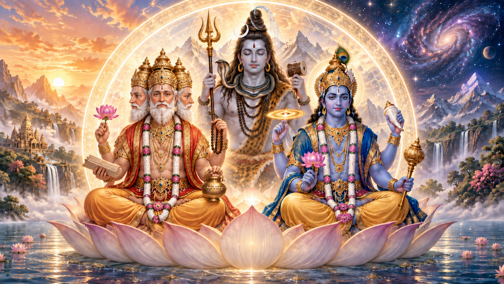 Brahma, Vishnu, and Shiva appear as three distinct divine figures within one radiant cosmic circle above a lotus and celestial ocean.