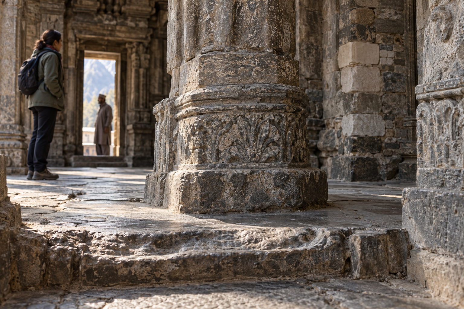 A visitor observes a worn threshold, carved column base, weathered relief, and later masonry repairs at an ancient stone temple site.
