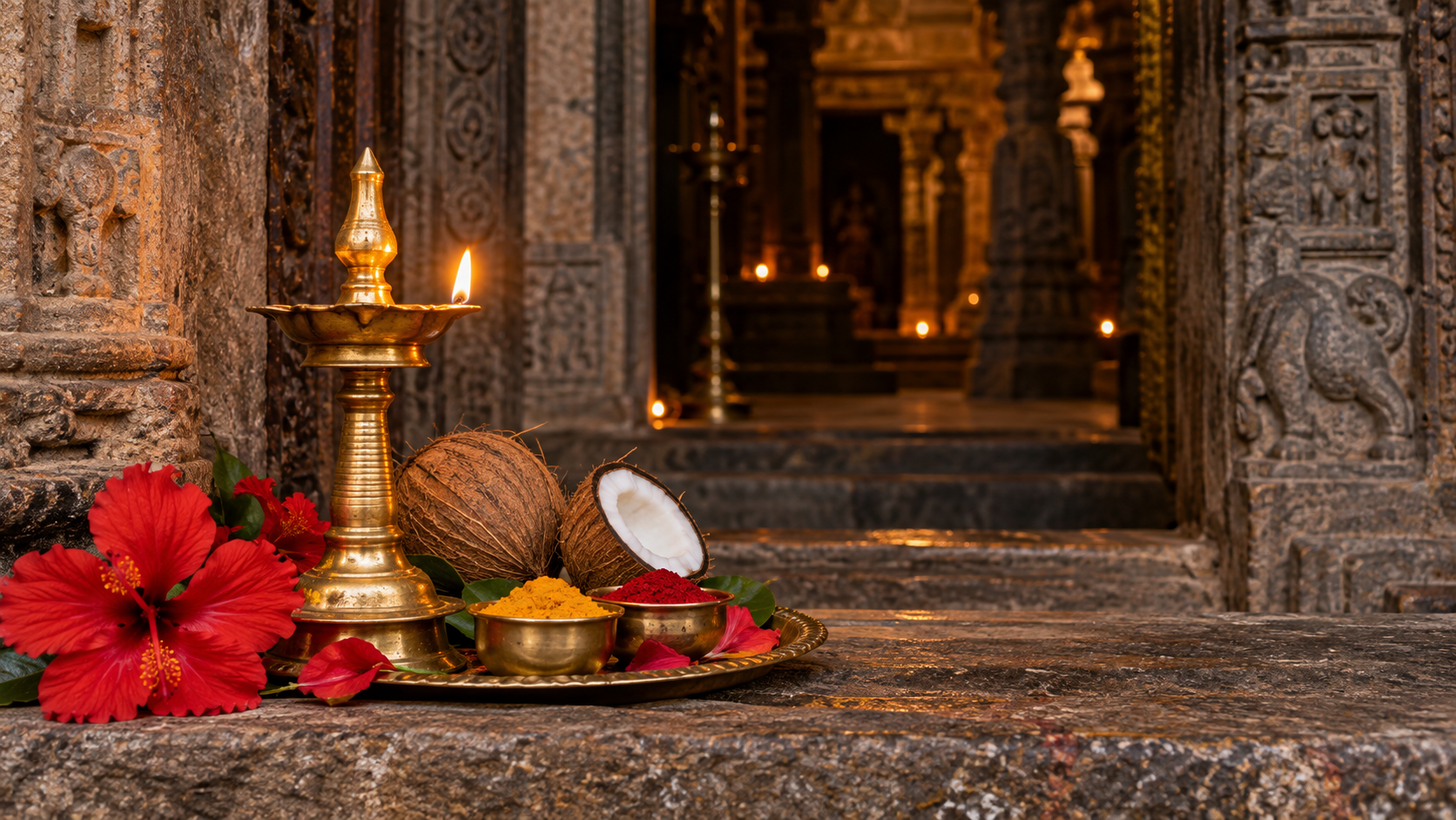 A brass lamp, red flowers, turmeric, vermilion, coconuts, and an offering tray rest near a carved temple doorway.