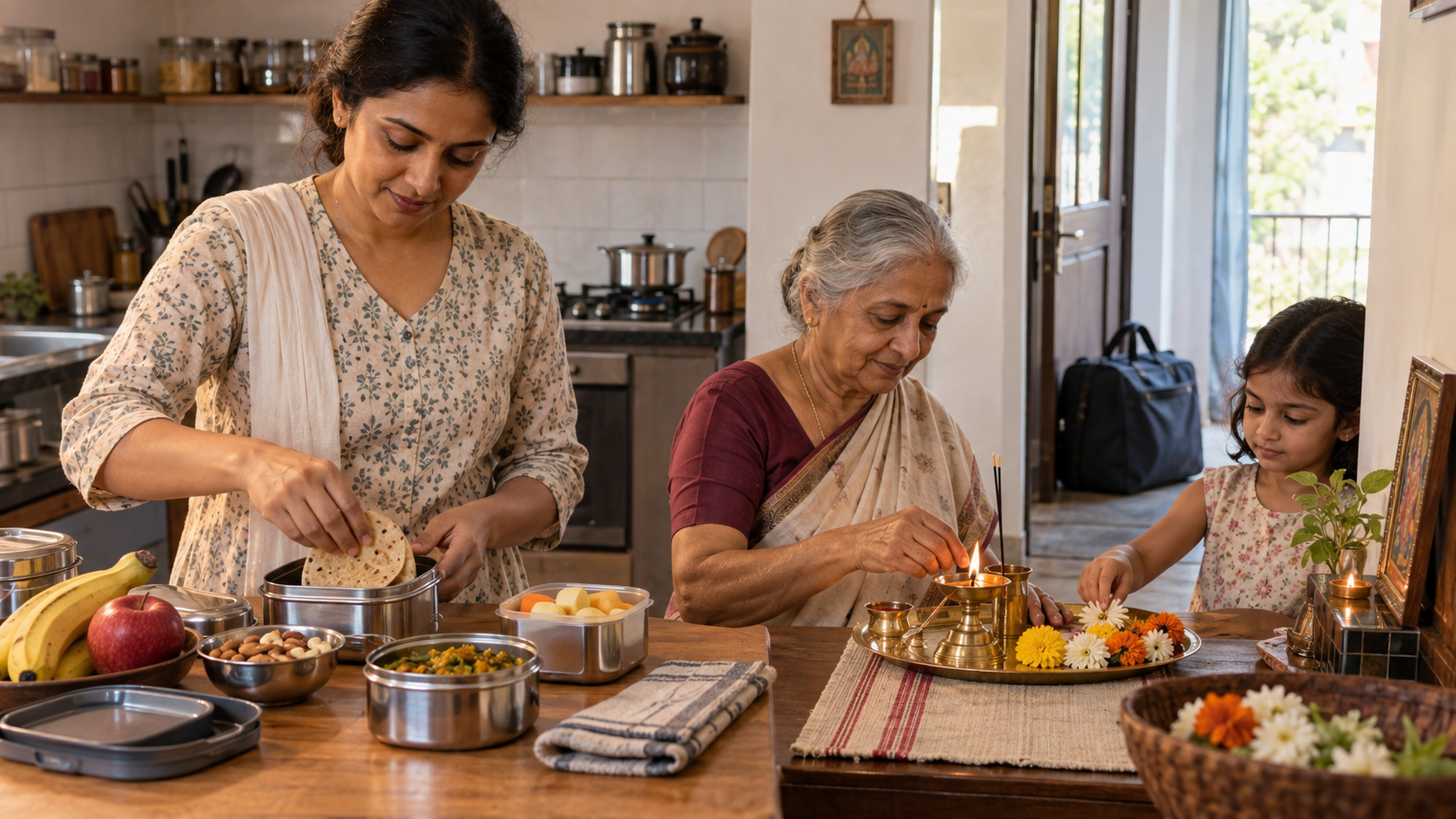 Family members prepare a simple vegetarian meal, flowers, and a puja tray beside an unbranded travel bag in a home kitchen.
