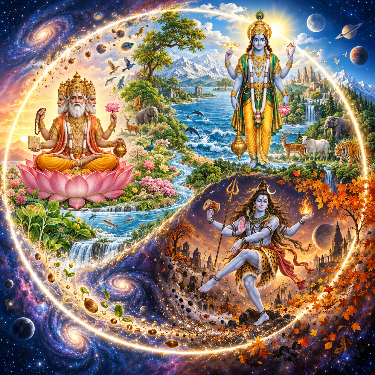 A circular scene shows Brahma amid emerging life, Vishnu sustaining a flourishing world, and Shiva transforming old forms into seeds and stardust.