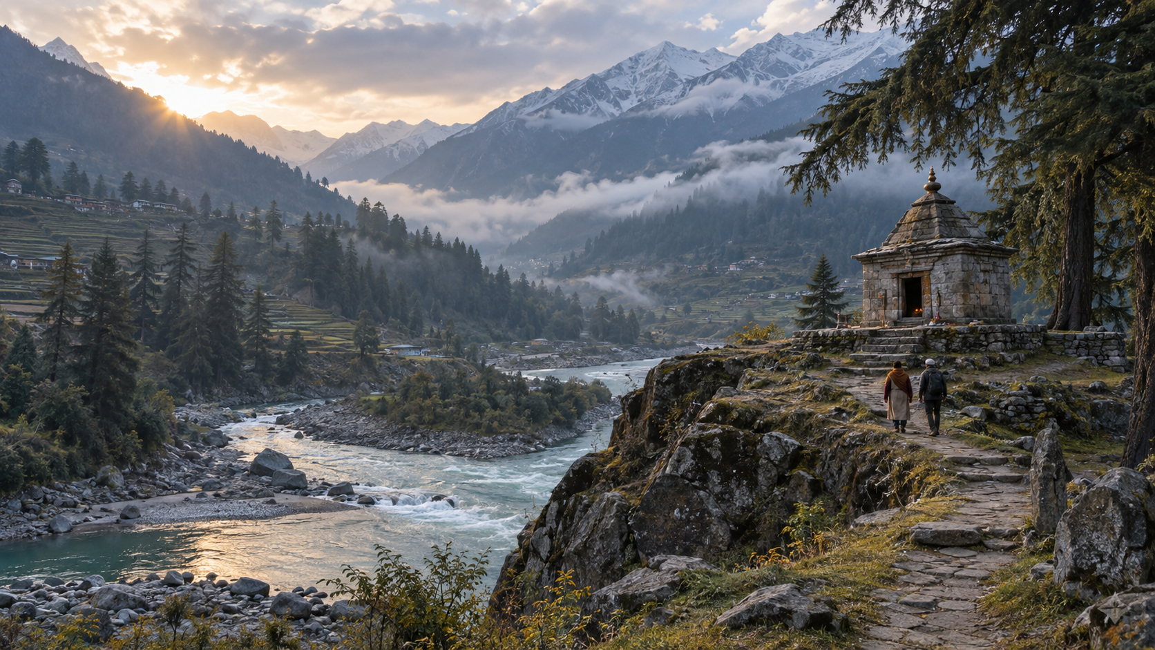A small stone shrine on a wooded rise above a river confluence, with pilgrims approaching along a path and Himalayan mountains beyond.